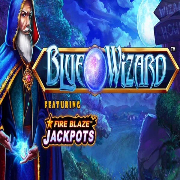 Blue Wizard Fire Blaze Jackpots slot logo by Rarestone Gaming at Spinsy Casino